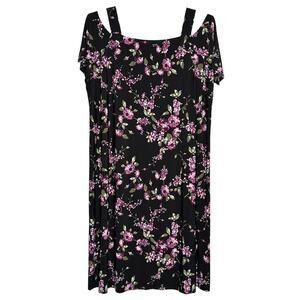 Roamans Maxi Dress Plus Size 5X Dark Floral Black Purple Slinky Cold Shoulder